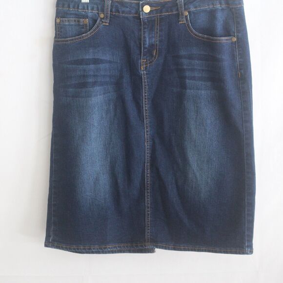 Baccini Modest Midi Blue Jean Skirt Size 8 Stretch Denim Back Slit - Picture 3 of 7